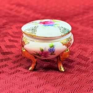 Vintage Floral Footed Hand Painted Gold Accents Porcelain Ring Trinket Box 1.5"